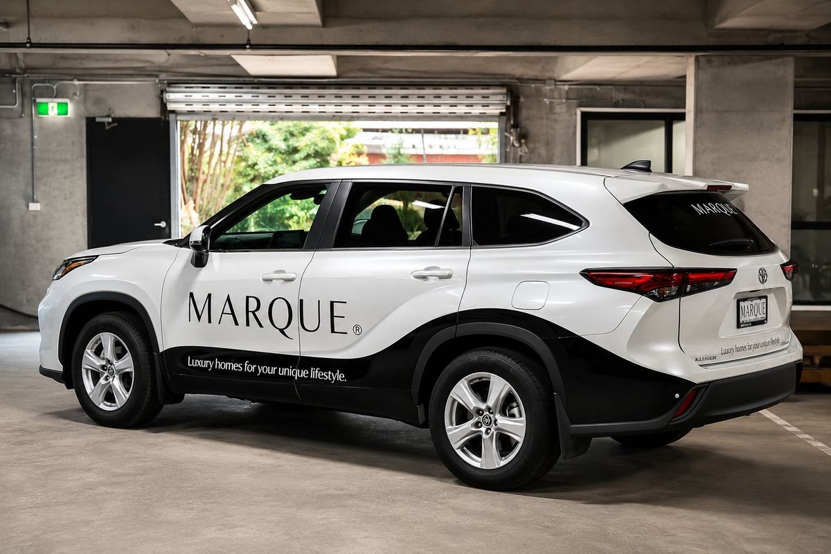 White SUV with a black lower-body partial wrap and brand lettering