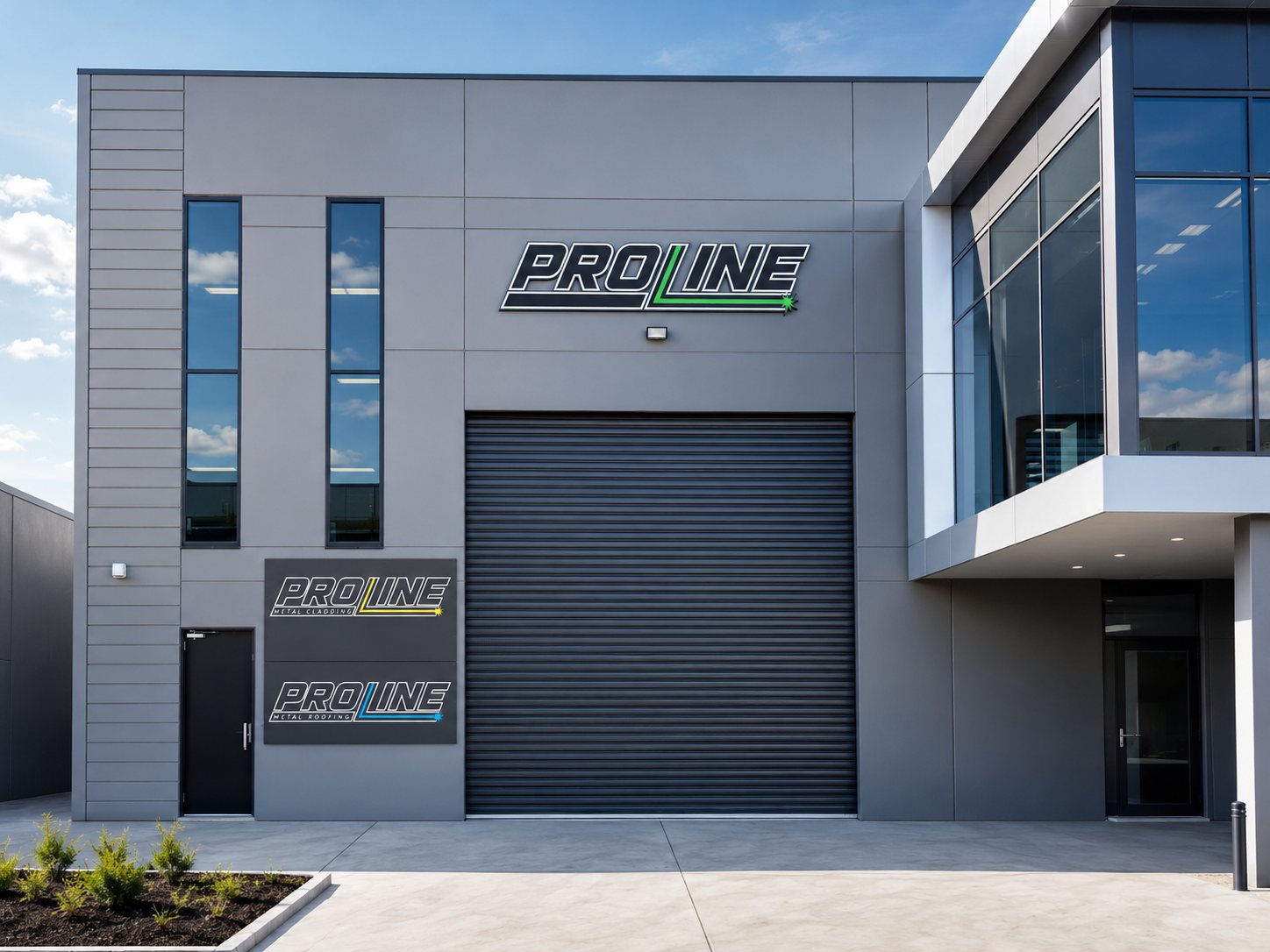 Dimensional logo sign and panel signs on a grey warehouse facade beside a roller door
