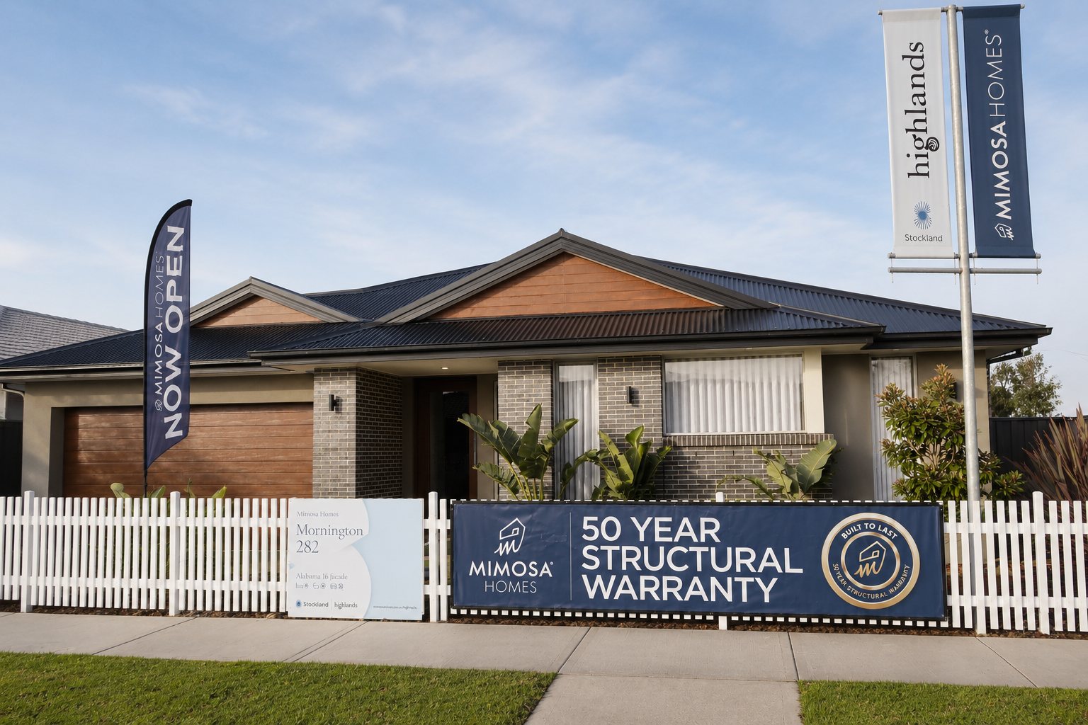 Display home frontage with a feather flag, pole banners and a fence banner